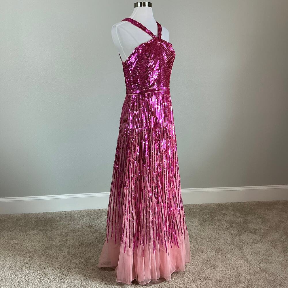 Mac Duggal 93961 Hot Pink Evening Gown Sequined Tulle Halter A-Line Dress Size 8 - Picture 4 of 12
